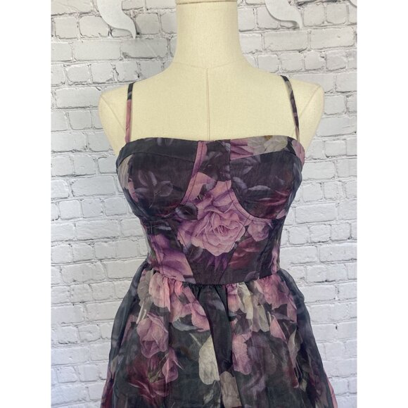 LAST CHANCE Lulus XS Midnight Beauty Black Purple Floral Bustier Mini Dress - Picture 5 of 11